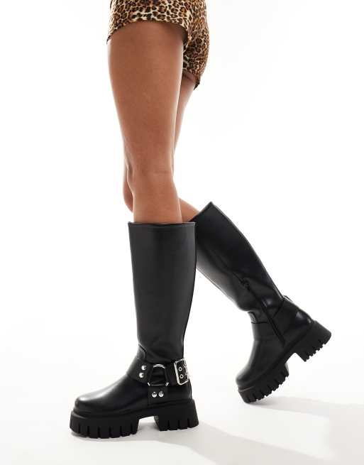 ASOS DESIGN Cady knee high harness biker boots in black ASOS