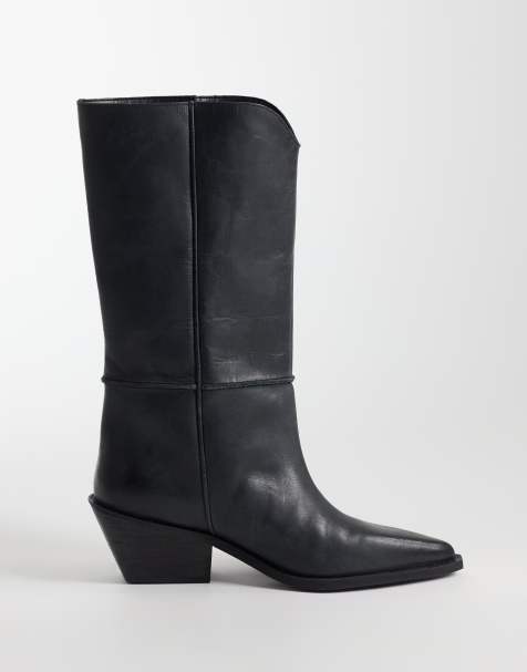 ASOS DESIGN Cael echt leren western instaplaars in zwart - view 1
