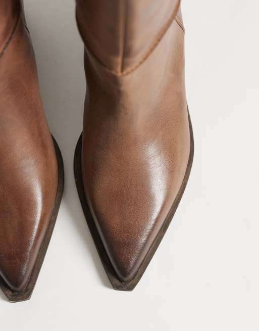 ASOS DESIGN Cael premium clean pull on cowboy boots in burnished brown leather, 4 of 4