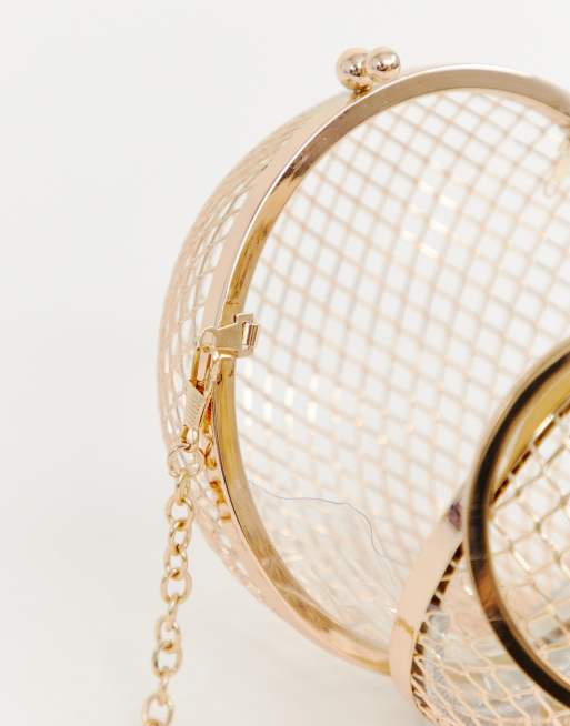 ASOS DESIGN cage sphere clutch bag in gold chain