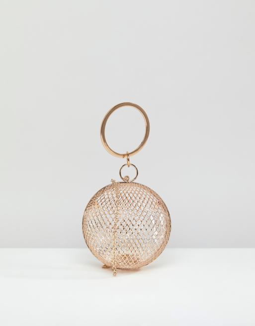 ASOS DESIGN cage sphere clutch bag in gold chain