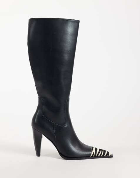 ASOS DESIGN Cairo toe cap western knee boots in black and zebra print - view 1