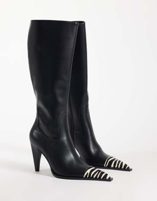 ASOS DESIGN Cairo toe cap western knee boots in black and zebra print, 2 of 4