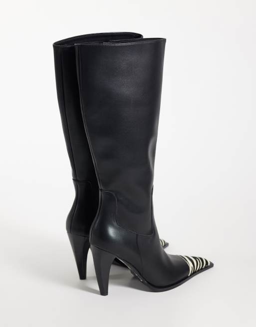 ASOS DESIGN Cairo toe cap western knee boots in black and zebra print, 4 of 4
