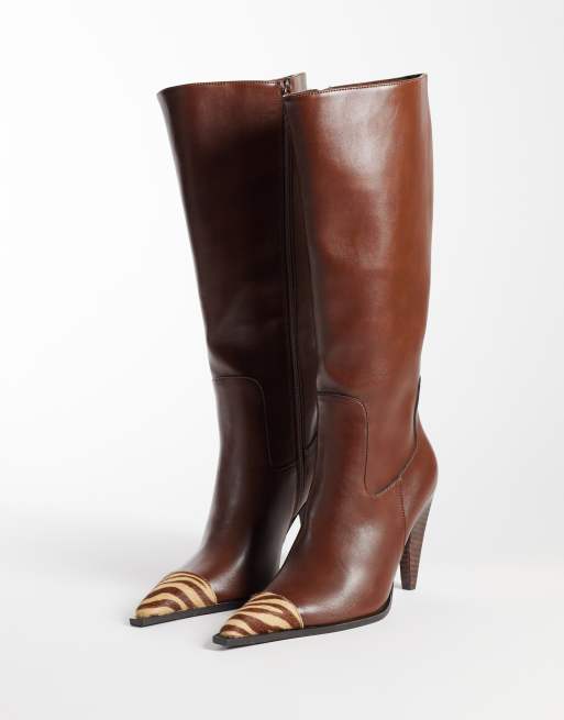 ASOS DESIGN Cairo toe cap western knee boots in choc and tiger print, 2 of 4