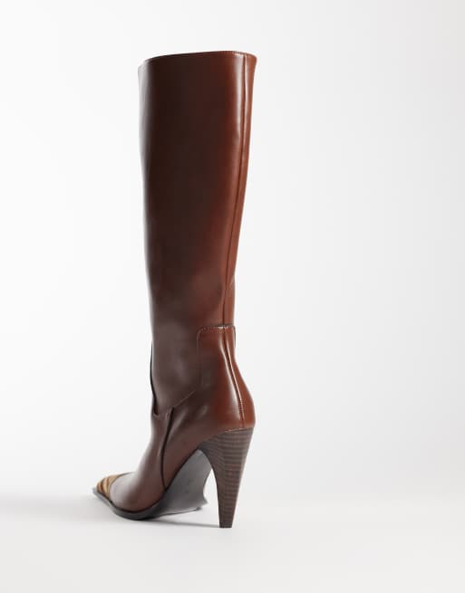 ASOS DESIGN Cairo toe cap western knee boots in choc and tiger print, 4 of 4