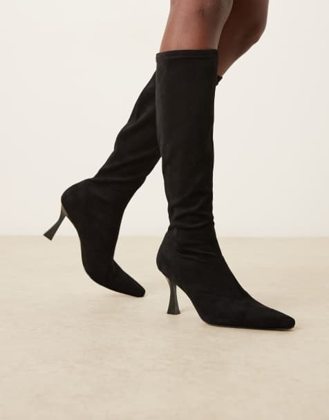 ASOS DESIGN Caitlin heeled sock knee boots in black - view 1