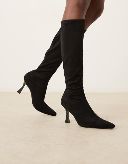 ASOS DESIGN Caitlin heeled sock knee boots in black