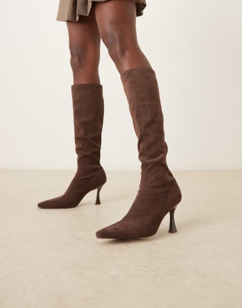 ASOS DESIGN Caitlin heeled sock knee boots in chocolate suedette - view 1
