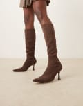 [ASOS DESIGN] ASOS DESIGN Caitlin heeled sock knee boots in chocolate suedette-Brown 35 Chocolate