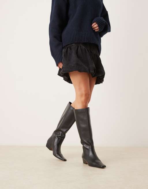 ASOS DESIGN Calais leather pointed toe flat knee boots in black