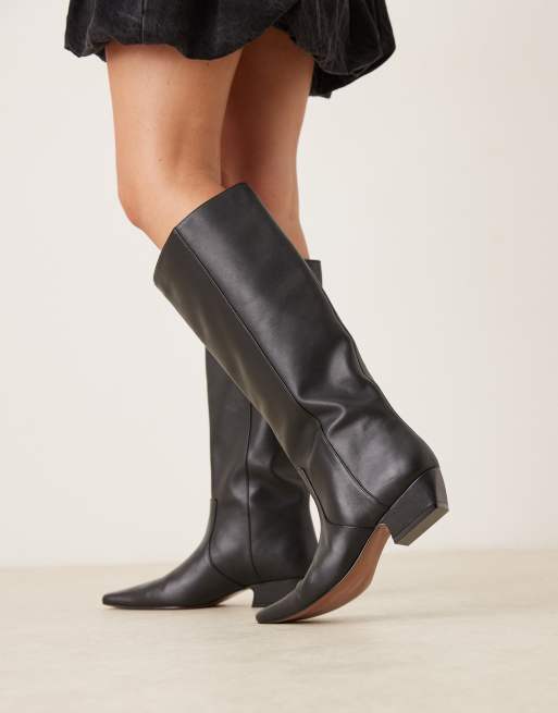 ASOS DESIGN Calais leather pointed toe flat knee boots in black
