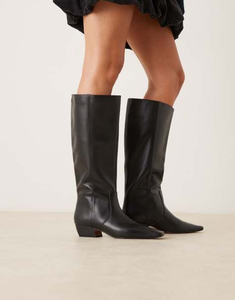ASOS DESIGN Calais leather pointed toe flat knee boots in black - view 1