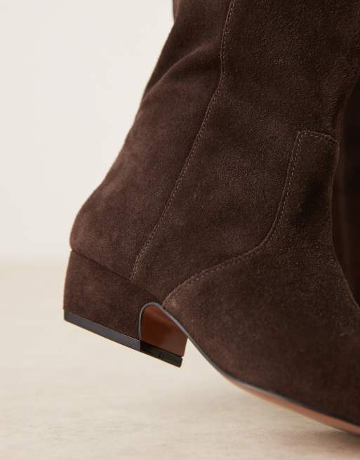 ASOS DESIGN Calais suede pointed flat knee boots in chocolate