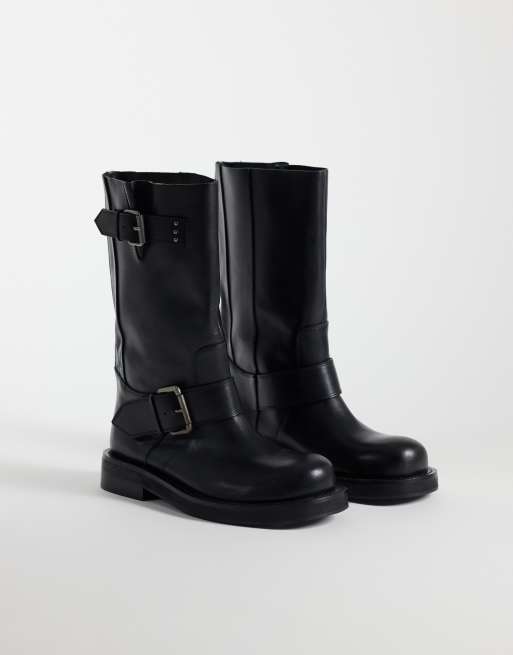 ASOS DESIGN Calamity biker knæstøvler i ægte læder med pull-on i sort, 2 af 4