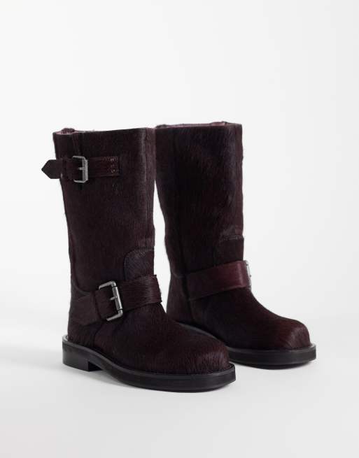 ASOS DESIGN Calamity hair on real leather pull on biker knee boots in burgundy, 2 of 4