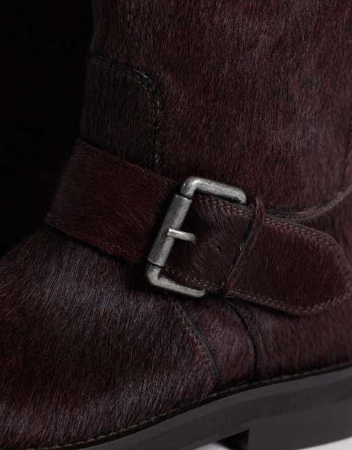 ASOS DESIGN Calamity hair on real leather pull on biker knee boots in burgundy, 3 of 4
