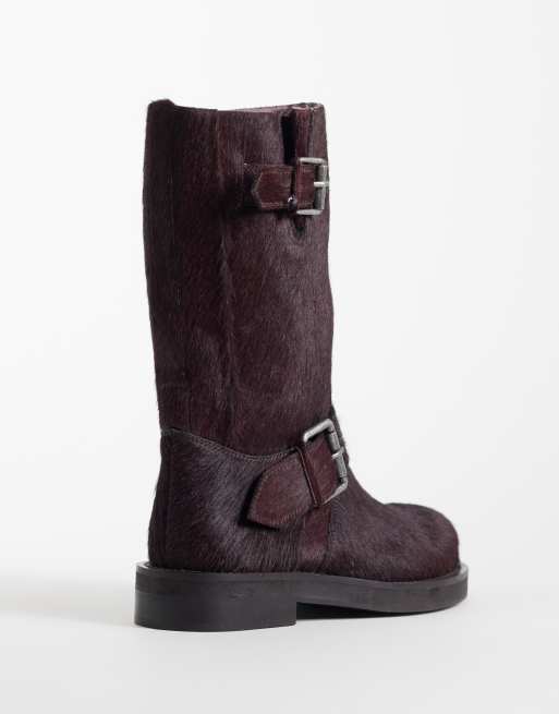 ASOS DESIGN Calamity hair on real leather pull on biker knee boots in burgundy, 4 of 4