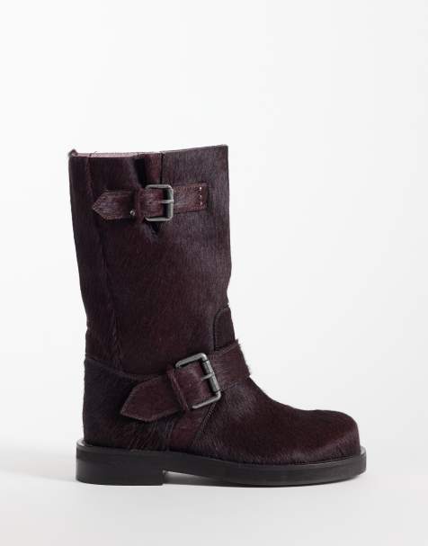 ASOS DESIGN Calamity hair on real leather pull on moto knee boots in burgundy - view 1