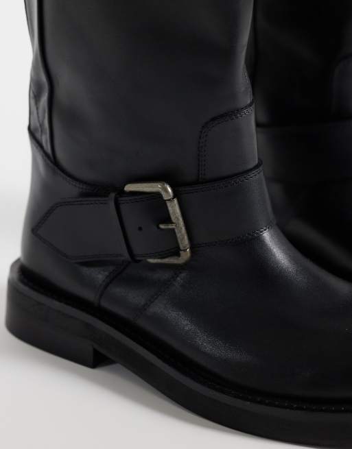 ASOS DESIGN Calamity real leather pull on biker knee boots in black , 4 of 4