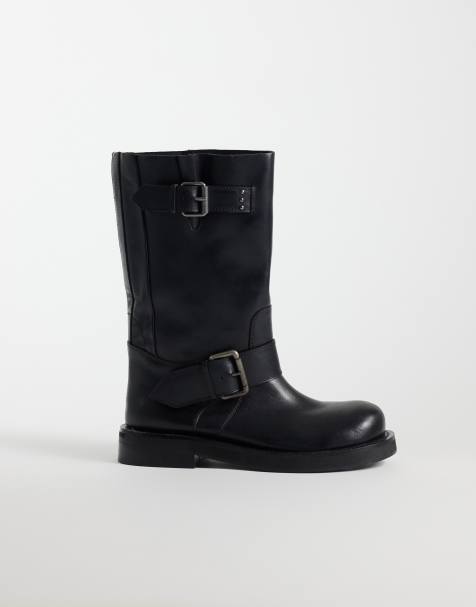 ASOS DESIGN Calamity wsuwane botki biker do kolan w czarnej skórze - view 1