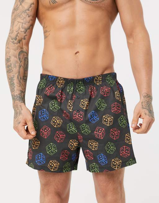 ASOS DESIGN - Caleçon en coton à imprimé dés heureux - Noir
