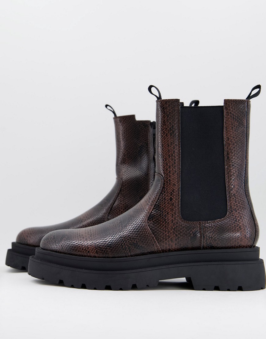 ASOS DESIGN calf length chelsea boot in brown faux snake with black sole