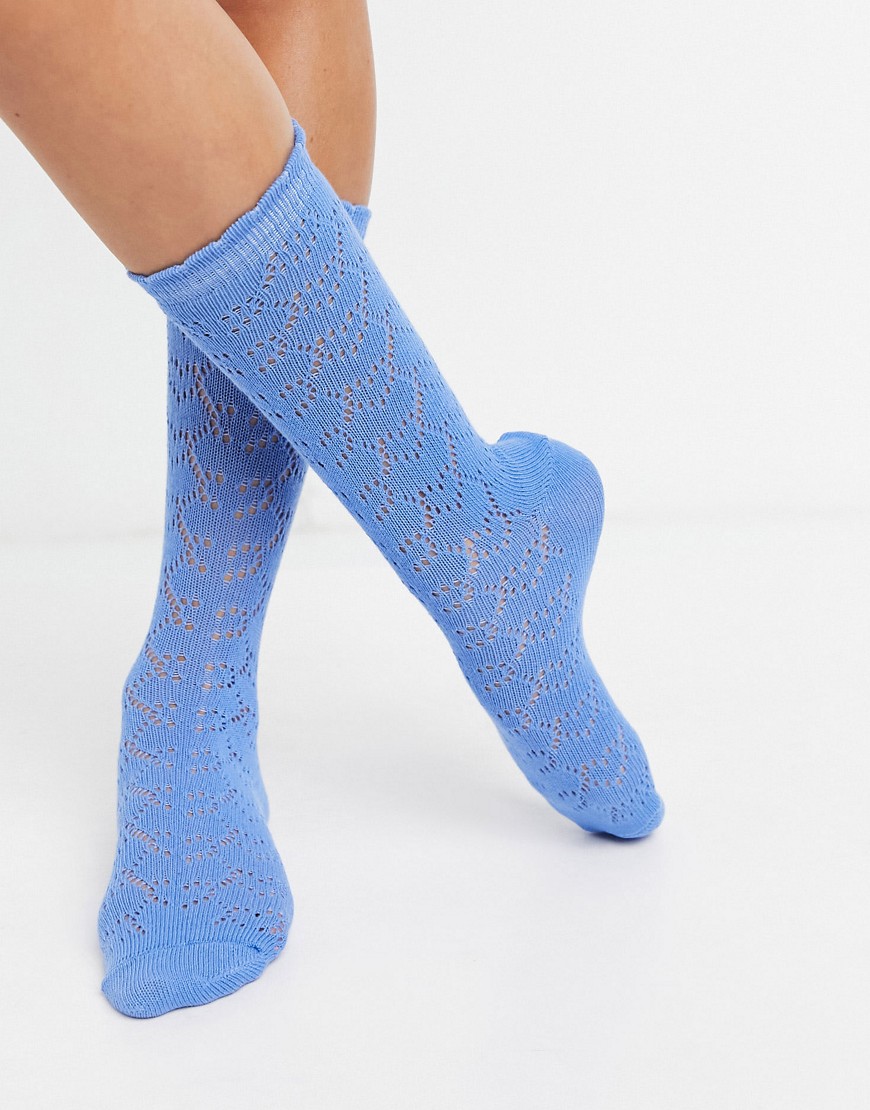 ASOS DESIGN calf length pointelle heart socks in blue-Blues