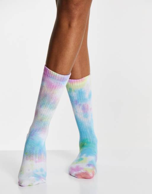 ASOS DESIGN calf length rib socks in multi color tie dye