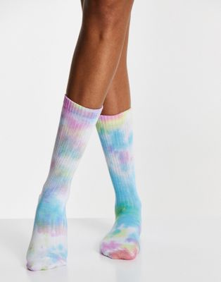 ASOS DESIGN calf length rib socks in multi colour tie dye