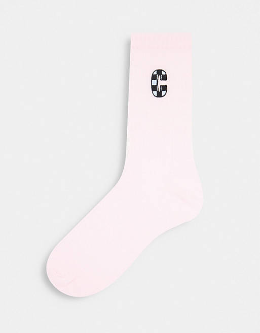 ASOS DESIGN calf length rib socks with C initial in pink