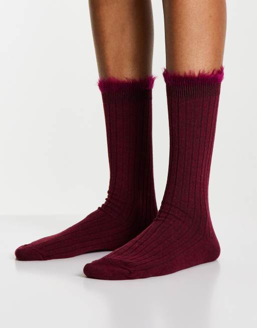 ASOS DESIGN calf length rib socks with fluffy welt in burgundy | ASOS