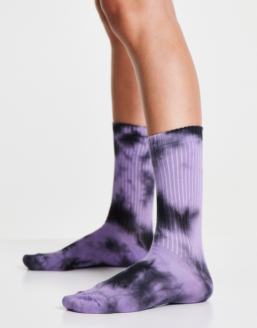 ASOS DESIGN calf length rib tie dye socks in black and purple