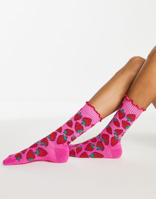 ASOS DESIGN socks with contrast frill in all over strawberry print in multi