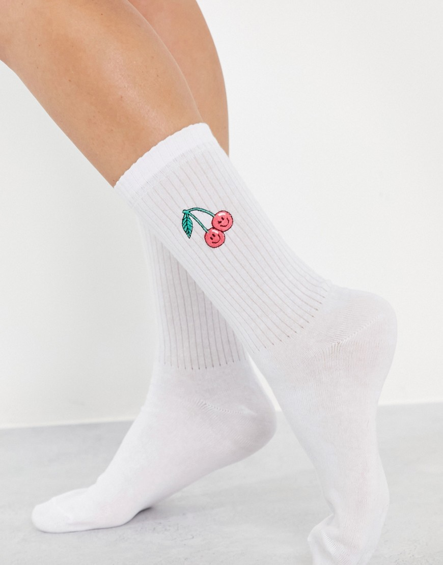 ASOS DESIGN calf length socks with frill and cherry embroidery in white