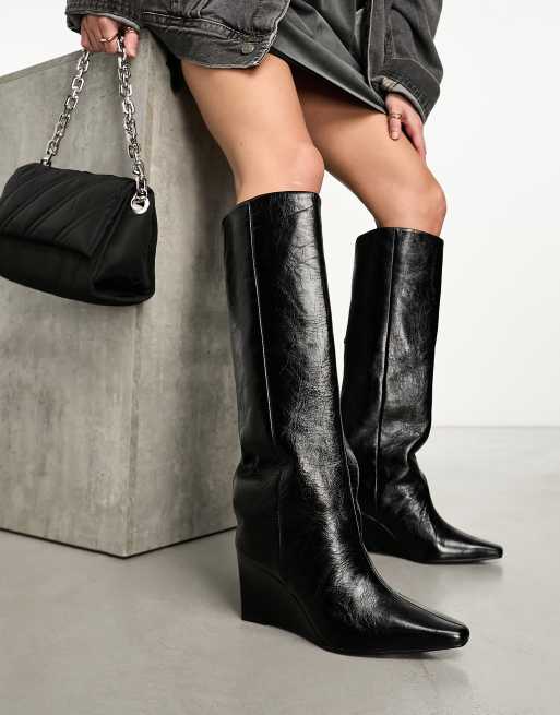 ASOS DESIGN Cali Bottes montantes compens es en cuir de qualit sup rieure Noir