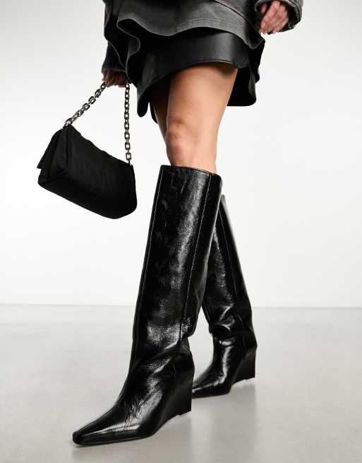 Black leather wedge heel boots sale