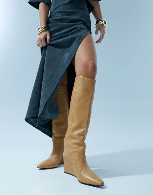 Tan wedge best sale knee high boots