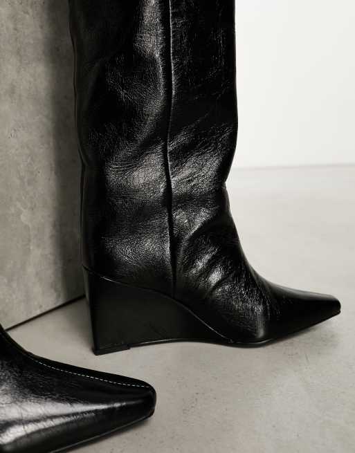 ASOS DESIGN – Cali – Svarta knähöga boots i kvalitetsläder med kilklackar, 3 av 4