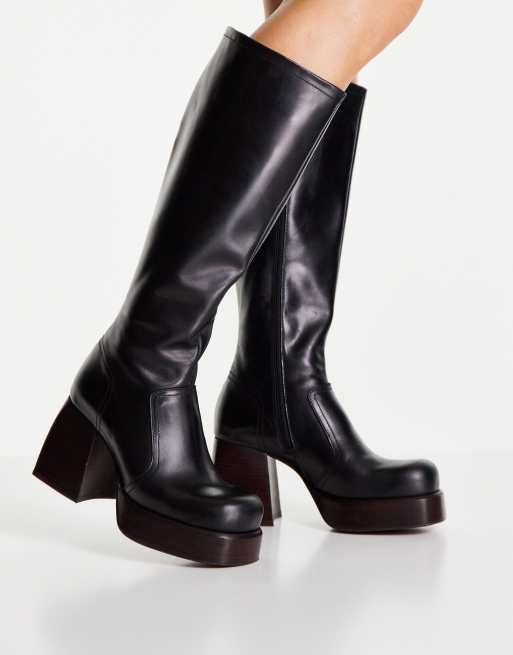 ASOS Design Cali Premium Leather Wedge Knee Boots in Silver