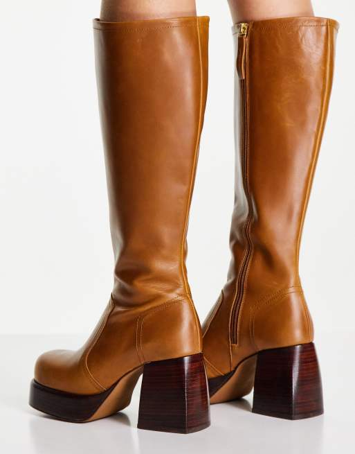 ASOS DESIGN California premium leather platform knee boots in tan