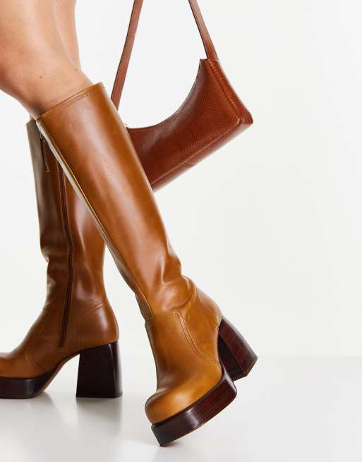 ASOS DESIGN - California - Premium leren knielaarzen met plateauzool in bruin
