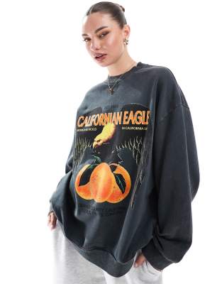 Asos Design Californian Eagle Graphic Sweatshirt In Washed Charcoal-black