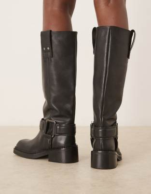 Asos Design Calla Premium Trucker Boot With Buckle Harness In Black