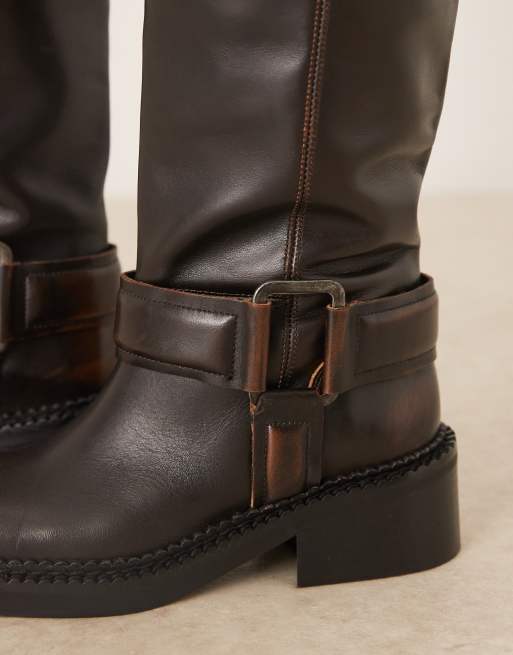 ASOS DESIGN Calla premium trucker boots with buckle harness in brown tumbled leather, 2 of 4