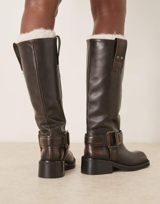 ASOS DESIGN Calla premium trucker boots with buckle harness in brown tumbled leather, 3 of 4