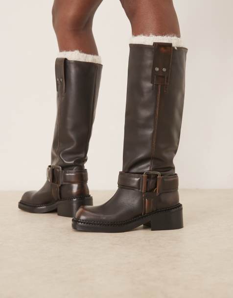 ASOS DESIGN - Calla - Truckerlaarzen met gespharnas van premium getrommeld leer in bruin - view 1