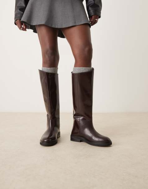 ASOS DESIGN Callahan leather riding boots in burgundy - view 1