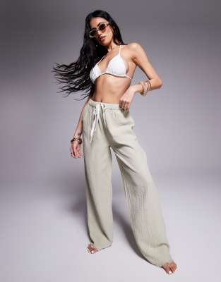 ASOS DESIGN - Callie - Beach-Hose aus Musselin in verwaschenem Salbeigrün mit Fransen
