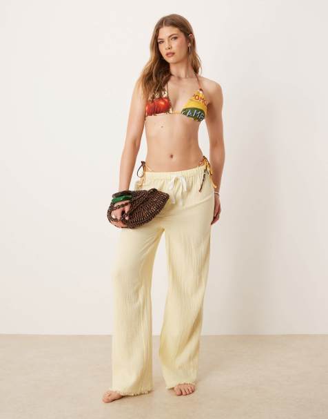 ASOS DESIGN Callie cheesecloth frayed beach trouser in buttermilk